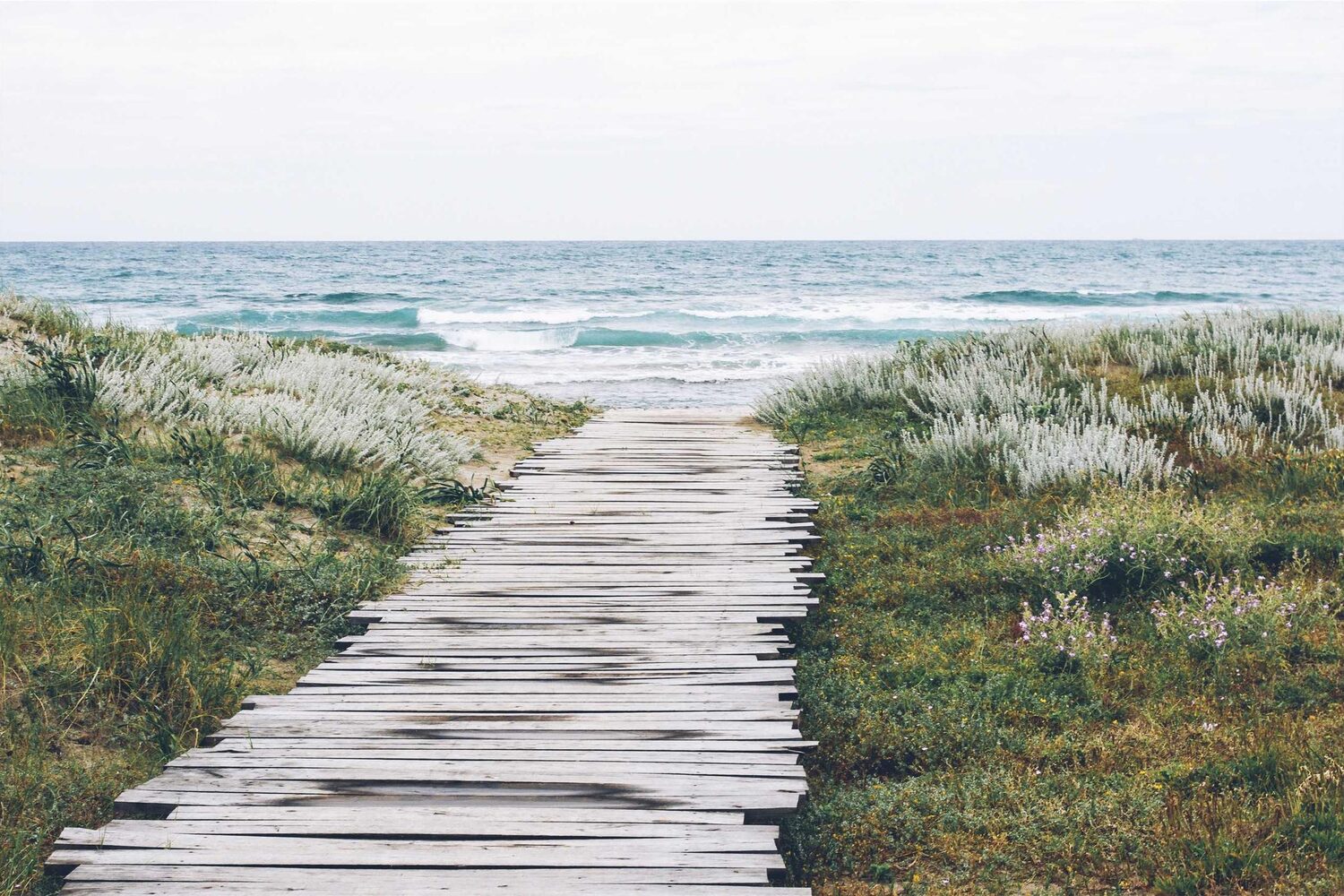 Wooden boardwalk through the dunes to the sea